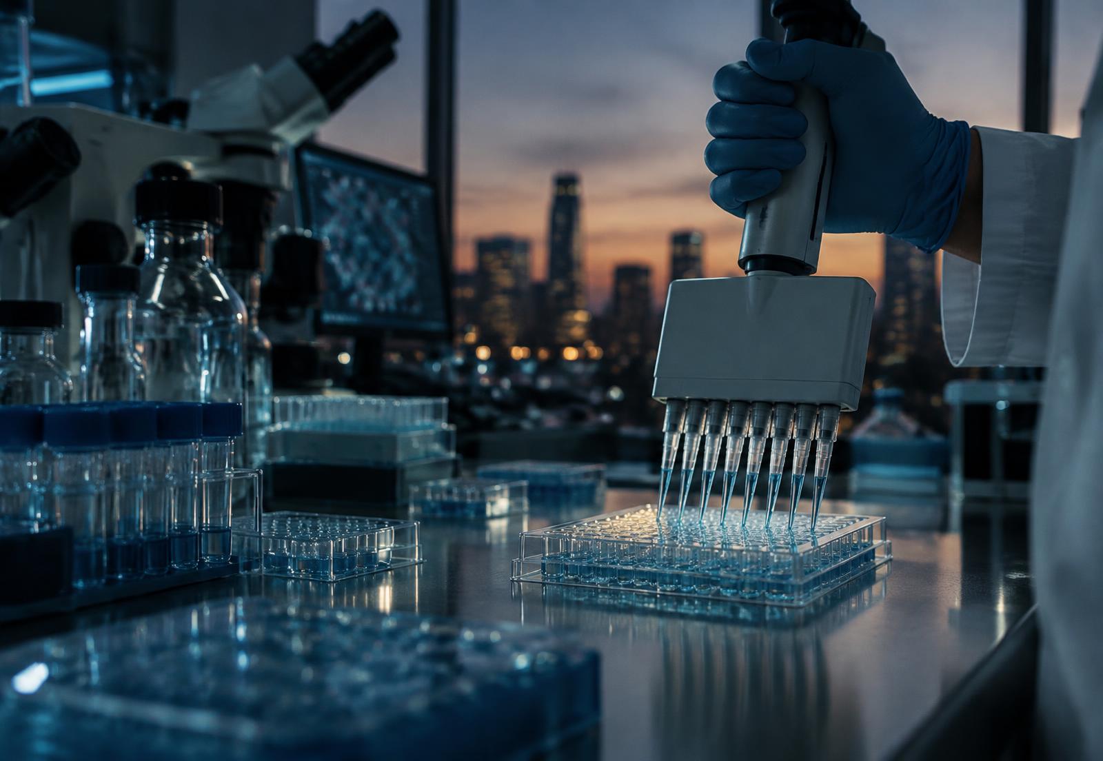 Scientist pipetting samples into a 96-well plate in a modern laboratory